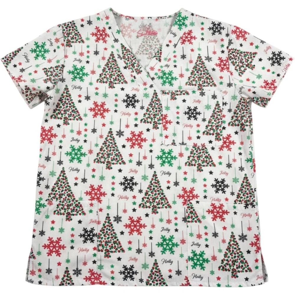 Scrubs Scrub Top Womens S White Excellent Christmas Tree Snowflake SB9904-1291